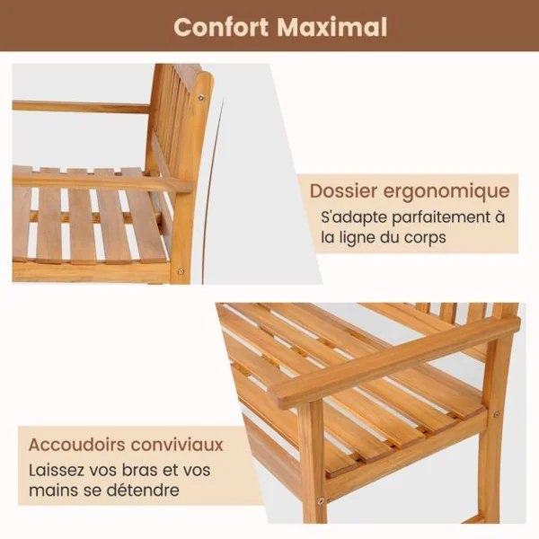 Banc de Jardin en Bois en Acacia pour 2 Personnes Banquette de Jardin Extérieure à Lattes Charge 360KG pour Patio Cour Balcon 110 x 56,5 x 86 cm