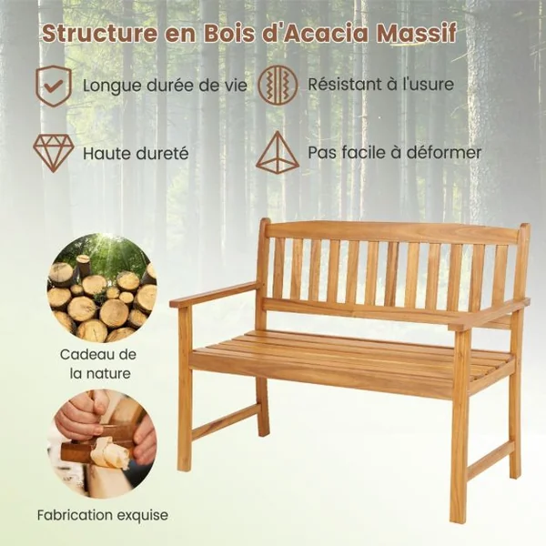 Banc de Jardin en Bois en Acacia pour 2 Personnes Banquette de Jardin Extérieure à Lattes Charge 360KG pour Patio Cour Balcon 110 x 56,5 x 86 cm
