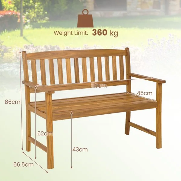 Banc de Jardin en Bois en Acacia pour 2 Personnes Banquette de Jardin Extérieure à Lattes Charge 360KG pour Patio Cour Balcon 110 x 56,5 x 86 cm