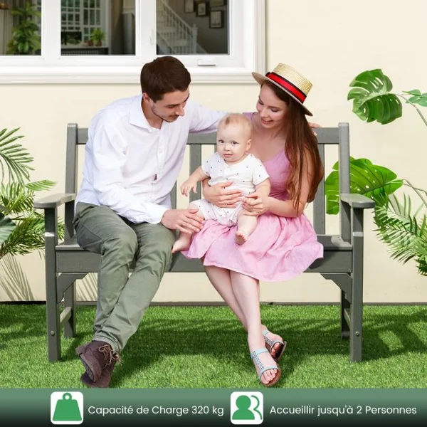 Banc de Jardin en HDPE 2 Places avec Accoudoir Dossier Siège à Latte Banc d'Extérieur pour Terrasse Parc Balcon Charge 320KG Gris