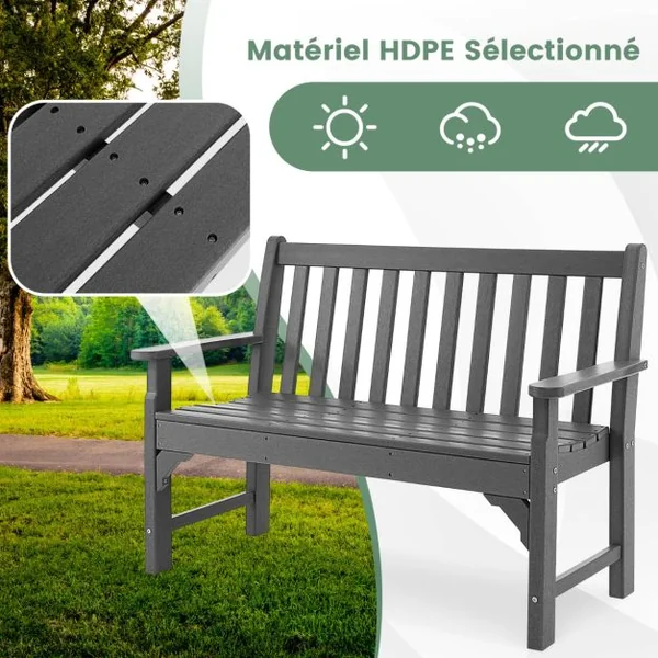 Banc de Jardin en HDPE 2 Places avec Accoudoir Dossier Siège à Latte Banc d'Extérieur pour Terrasse Parc Balcon Charge 320KG Gris
