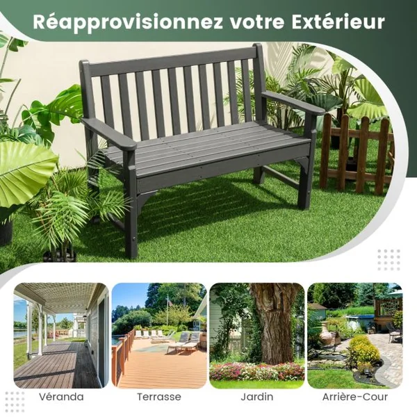 Banc de Jardin en HDPE 2 Places avec Accoudoir Dossier Siège à Latte Banc d'Extérieur pour Terrasse Parc Balcon Charge 320KG Gris