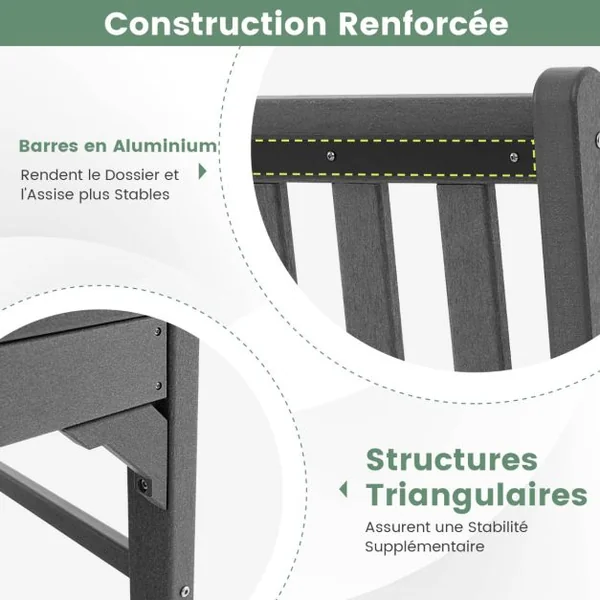 Banc de Jardin en HDPE 2 Places avec Accoudoir Dossier Siège à Latte Banc d'Extérieur pour Terrasse Parc Balcon Charge 320KG Gris