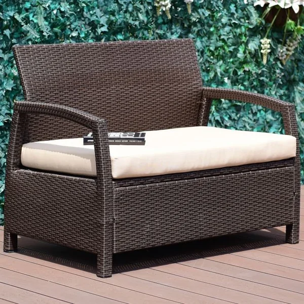 Banc de Jardin en Résine Tressée Causeuse avec Coussin pour Balcon Terrasse en Polyrotin, 108x64x84cm, Marron Foncé