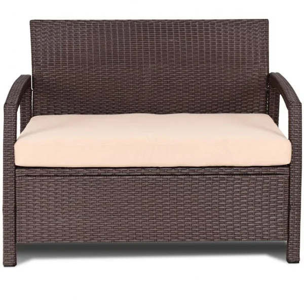 Banc de Jardin en Résine Tressée Causeuse avec Coussin pour Balcon Terrasse en Polyrotin, 108x64x84cm, Marron Foncé