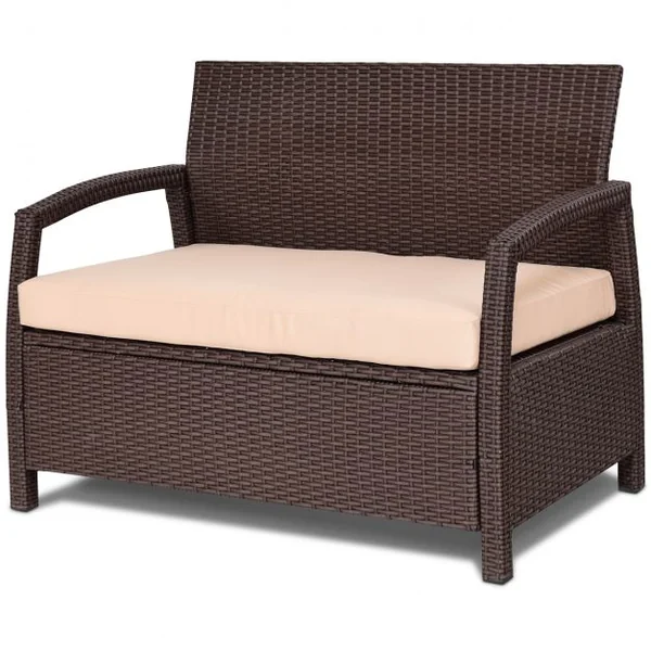 Banc de Jardin en Résine Tressée Causeuse avec Coussin pour Balcon Terrasse en Polyrotin, 108x64x84cm, Marron Foncé