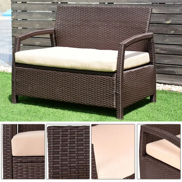 Banc de Jardin en Résine Tressée Causeuse avec Coussin pour Balcon Terrasse en Polyrotin, 108x64x84cm, Marron Foncé