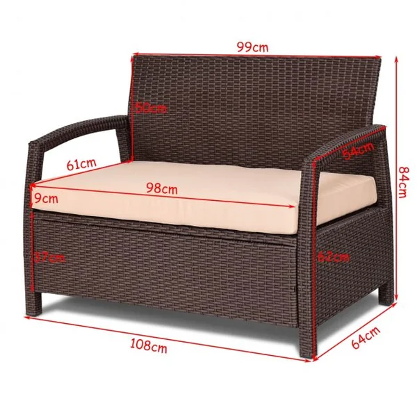 Banc de Jardin en Résine Tressée Causeuse avec Coussin pour Balcon Terrasse en Polyrotin, 108x64x84cm, Marron Foncé