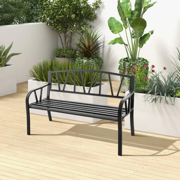 Banc de Jardin Extérieur 2-3 Places Charge 300KG avec Cadre en Métal Antirouille pour Cour Balcon Terrasse 128x57x86cm Noir