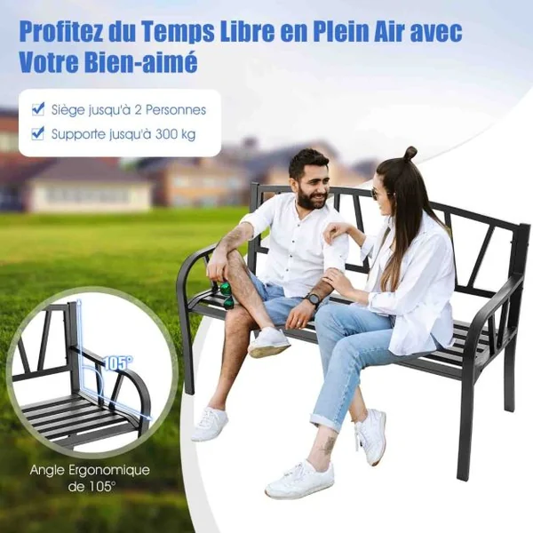 Banc de Jardin Extérieur 2-3 Places Charge 300KG avec Cadre en Métal Antirouille pour Cour Balcon Terrasse 128x57x86cm Noir