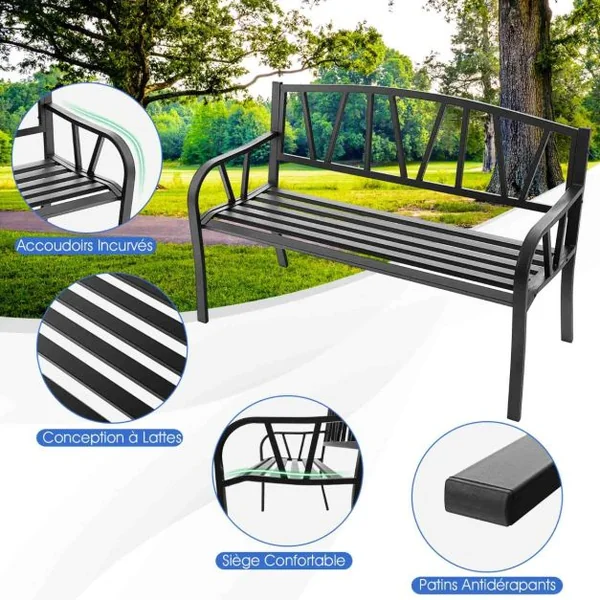 Banc de Jardin Extérieur 2-3 Places Charge 300KG avec Cadre en Métal Antirouille pour Cour Balcon Terrasse 128x57x86cm Noir