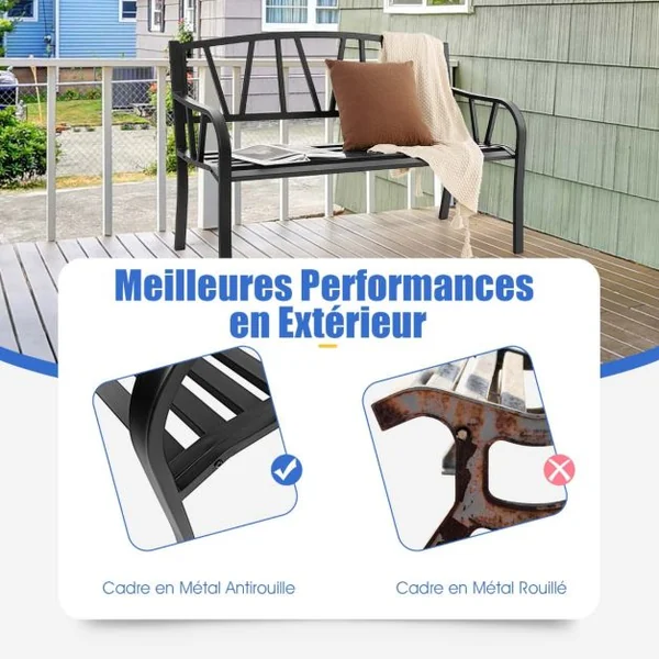 Banc de Jardin Extérieur 2-3 Places Charge 300KG avec Cadre en Métal Antirouille pour Cour Balcon Terrasse 128x57x86cm Noir
