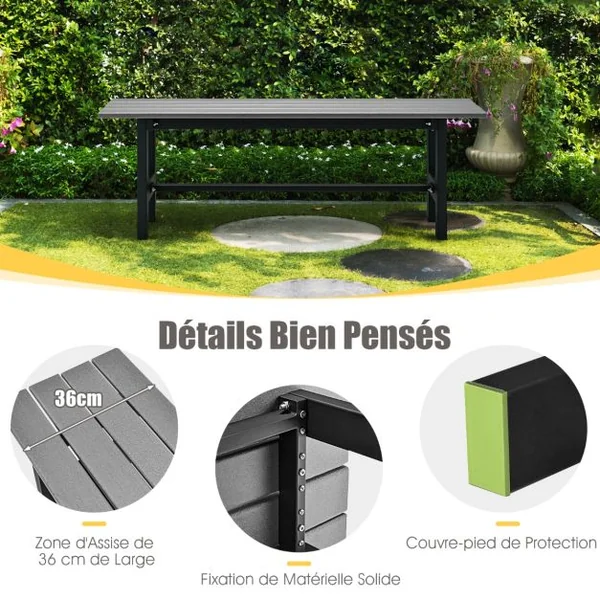 Banc de Jardin HDPE pour 2 Personnes Charge 300KG Banquette Extérieur avec Cadre en Métal et Couvre-pied de Protection Noir/Marron/Gris