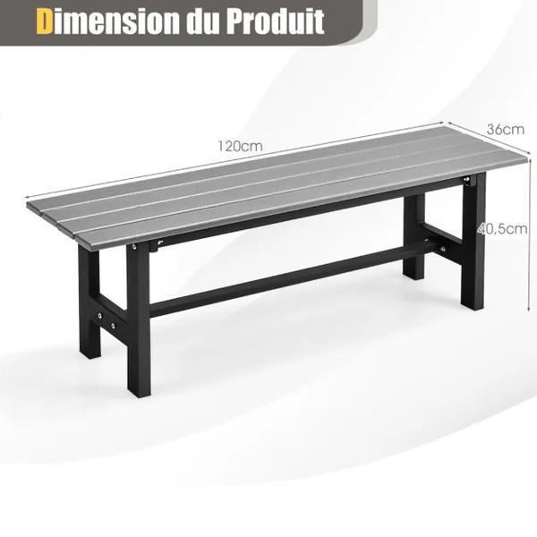 Banc de Jardin HDPE pour 2 Personnes Charge 300KG Banquette Extérieur avec Cadre en Métal et Couvre-pied de Protection Noir/Marron/Gris