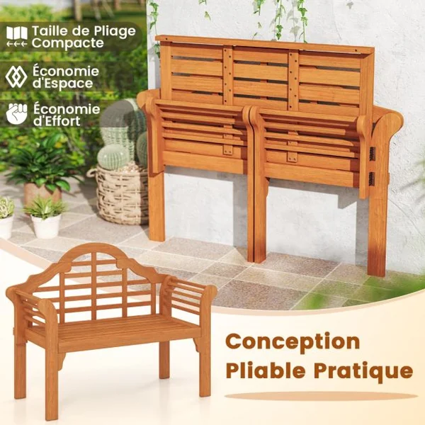 Banc de Jardin Pliable en Bois d'Acacia 2 Places 123x54x96CM Banquette de Jardin Extérieure pour Terrasse Cour Balcon