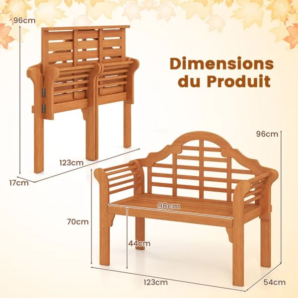 Banc de Jardin Pliable en Bois d'Acacia 2 Places 123x54x96CM Banquette de Jardin Extérieure pour Terrasse Cour Balcon