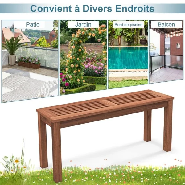 Banc de Jardin sans Dossier en Bois Siège à Lattes, 2 Places 100x30,5x47 CM Banquette Intérieur Extérieur