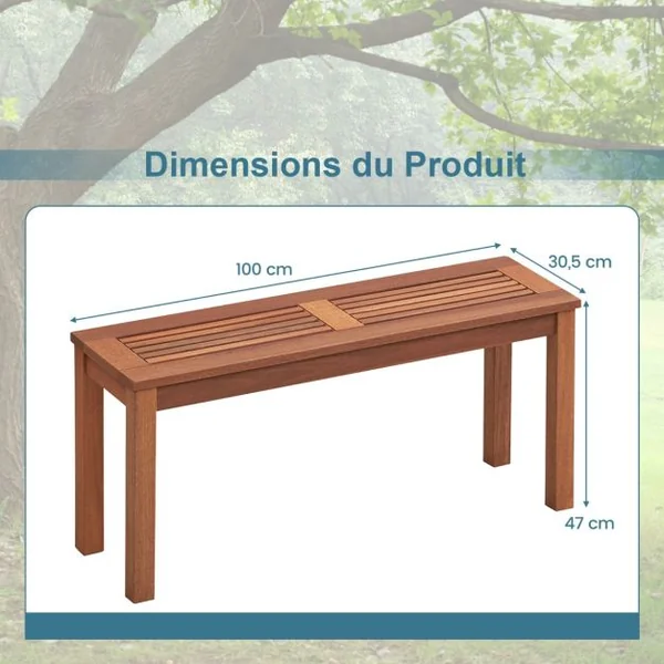 Banc de Jardin sans Dossier en Bois Siège à Lattes, 2 Places 100x30,5x47 CM Banquette Intérieur Extérieur