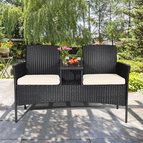 Banc de jardinen Polyrotin Anti-UV 2 Places Table Intégrée en Verre Trempé avec Coussins Epais L138 x P61 x H85 cm Noir+Blanc