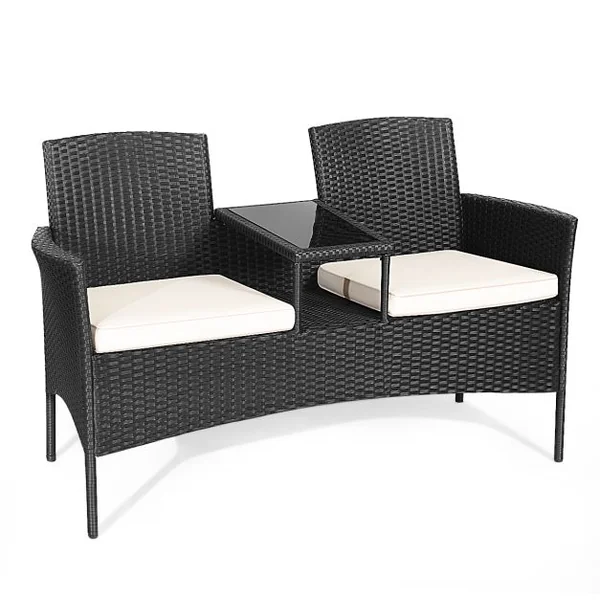Banc de jardinen Polyrotin Anti-UV 2 Places Table Intégrée en Verre Trempé avec Coussins Epais L138 x P61 x H85 cm Noir+Blanc