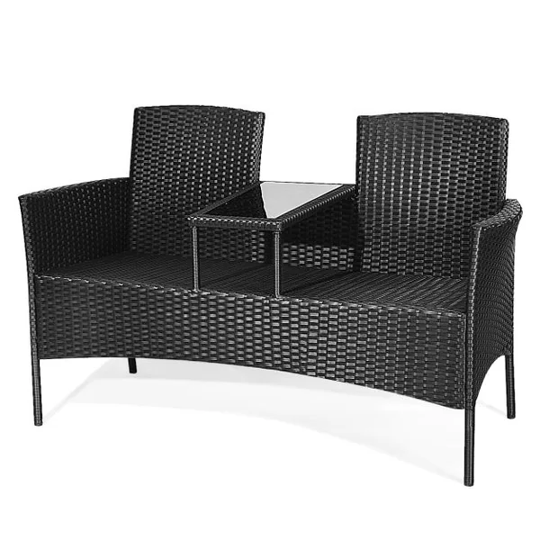 Banc de jardinen Polyrotin Anti-UV 2 Places Table Intégrée en Verre Trempé avec Coussins Epais L138 x P61 x H85 cm Noir+Blanc