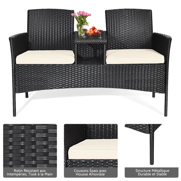 Banc de jardinen Polyrotin Anti-UV 2 Places Table Intégrée en Verre Trempé avec Coussins Epais L138 x P61 x H85 cm Noir+Blanc