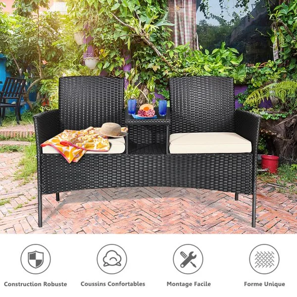 Banc de jardinen Polyrotin Anti-UV 2 Places Table Intégrée en Verre Trempé avec Coussins Epais L138 x P61 x H85 cm Noir+Blanc