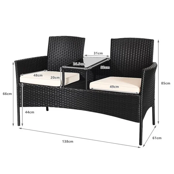 Banc de jardinen Polyrotin Anti-UV 2 Places Table Intégrée en Verre Trempé avec Coussins Epais L138 x P61 x H85 cm Noir+Blanc