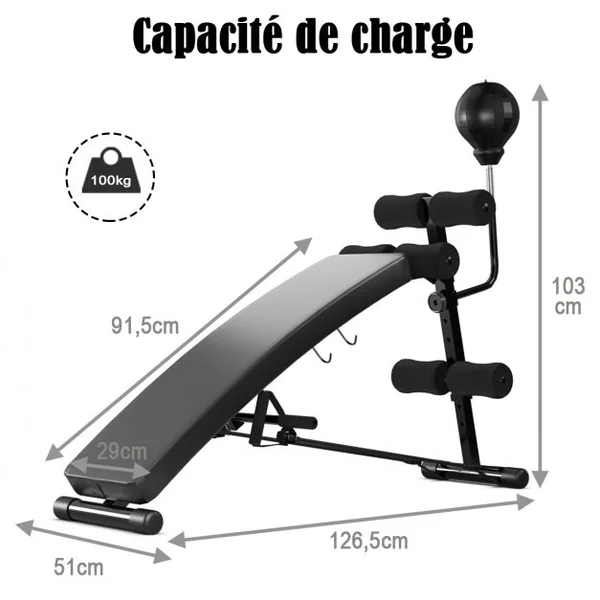 Banc de Musculation Abdominaux Pliable 2 Sangles de Traction Capacité 100 kg en Fer Mousse PU 126,5x51x103cm Noir