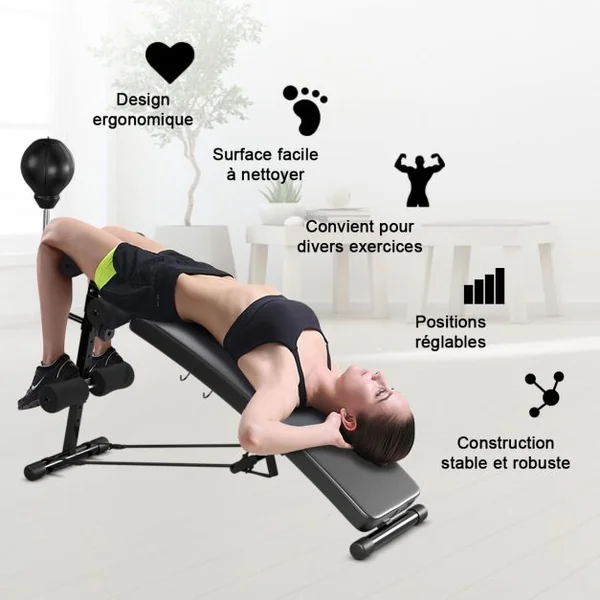 Banc de Musculation Abdominaux Pliable 2 Sangles de Traction Capacité 100 kg en Fer Mousse PU 126,5x51x103cm Noir