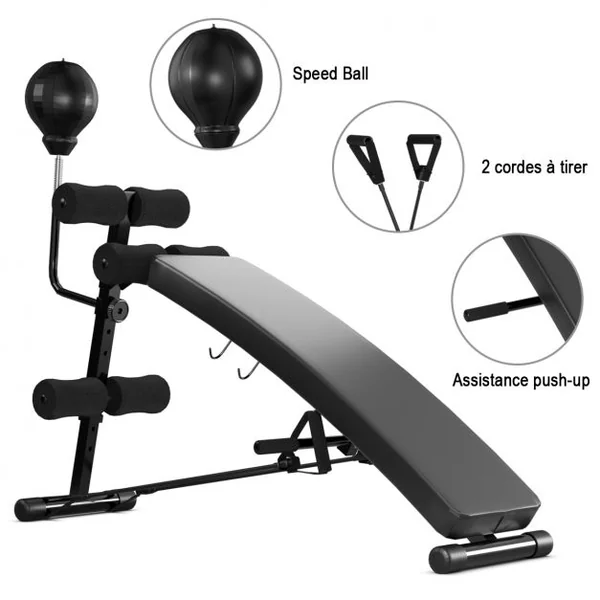 Banc de Musculation Abdominaux Pliable 2 Sangles de Traction Capacité 100 kg en Fer Mousse PU 126,5x51x103cm Noir