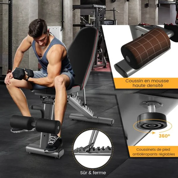 Banc de Musculation Réglable Banc de Fitness Robuste 300 k, 2 roues de Transport Banc d'Entraînement Complet du Corps Noir