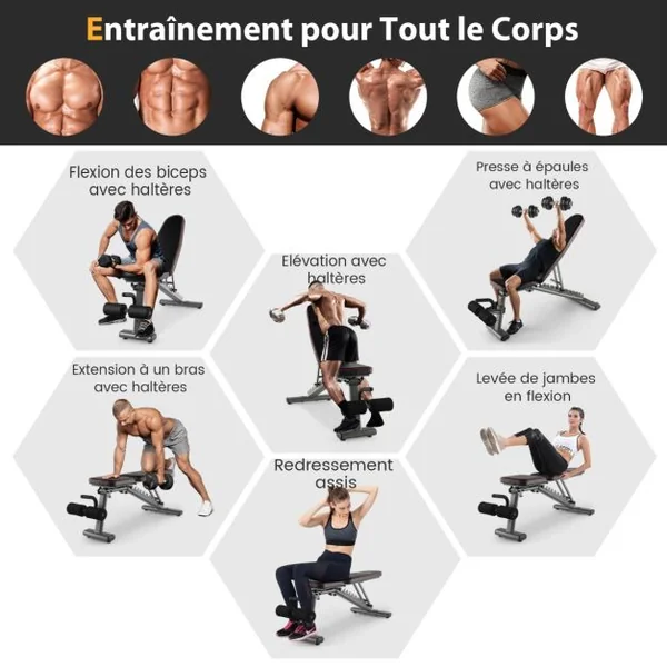 Banc de Musculation Réglable Banc de Fitness Robuste 300 k, 2 roues de Transport Banc d'Entraînement Complet du Corps Noir
