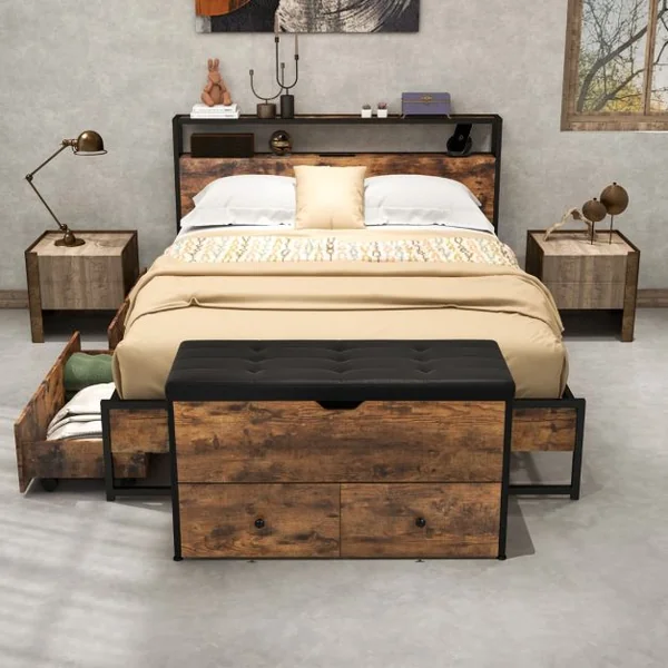 Banc de Rangement Ottoman Coussin Rembourré Coffre de Rangement Rabattable 2 Tiroirs en Bois Charnière de Sécurité Supporte 150 kg Marron
