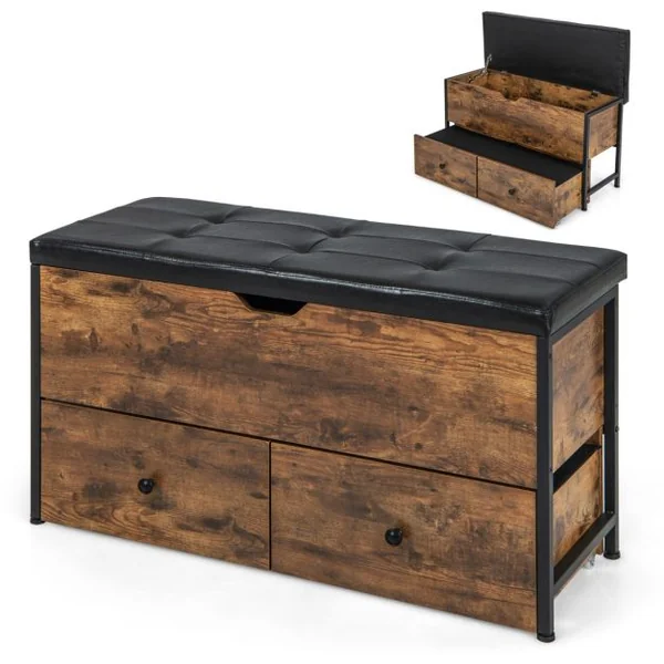 Banc de Rangement Ottoman Coussin Rembourré Coffre de Rangement Rabattable 2 Tiroirs en Bois Charnière de Sécurité Supporte 150 kg Marron