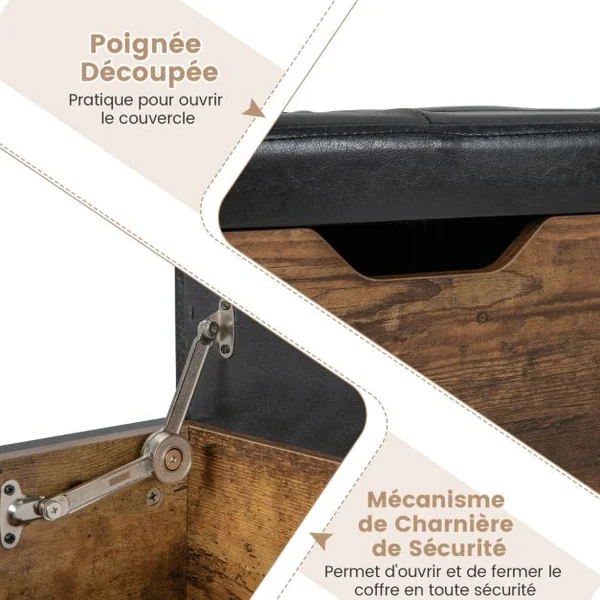 Banc de Rangement Ottoman Coussin Rembourré Coffre de Rangement Rabattable 2 Tiroirs en Bois Charnière de Sécurité Supporte 150 kg Marron