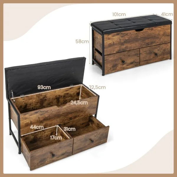 Banc de Rangement Ottoman Coussin Rembourré Coffre de Rangement Rabattable 2 Tiroirs en Bois Charnière de Sécurité Supporte 150 kg Marron
