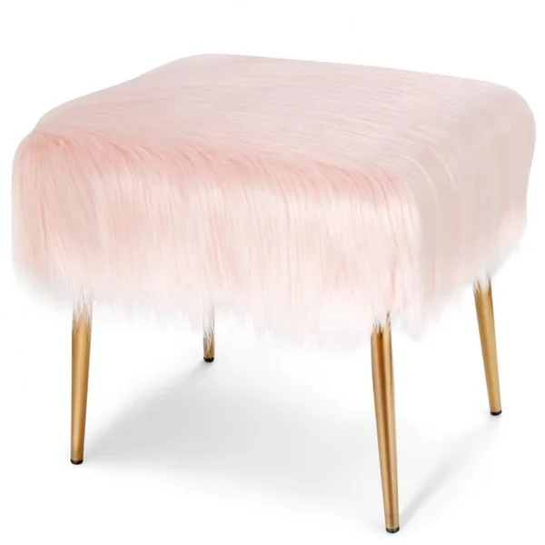 Banc en Fourrure Synthétique Pieds en Métal Doré Bout de Lit 51 x 41 x 45,5 cm (L x l x H) Rose