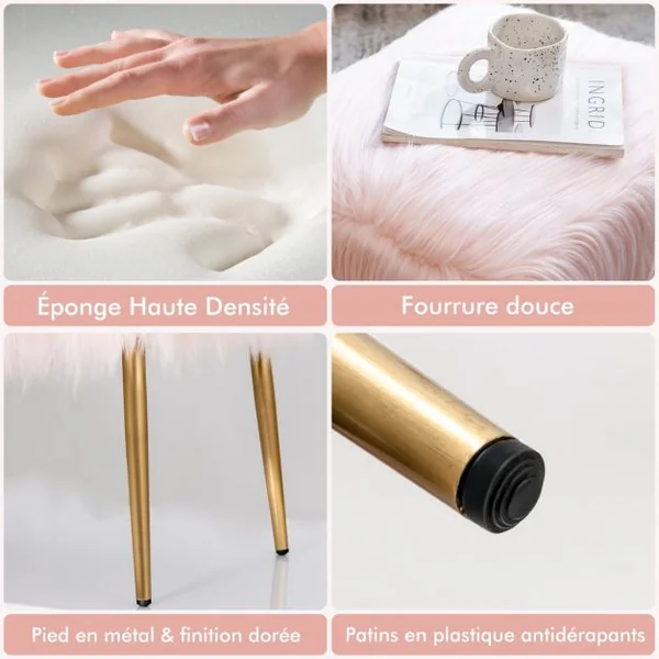 Banc en Fourrure Synthétique Pieds en Métal Doré Bout de Lit 51 x 41 x 45,5 cm (L x l x H) Rose