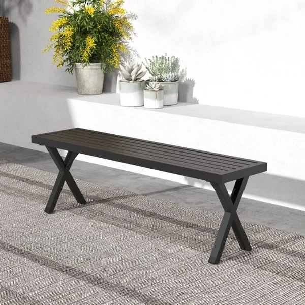 Banc en Métal pour Patio Banc 2 Places avec Siège à Lattes et Pieds en X Banquette Extérieure Sans Dossier de 138 cm Charge Maximale 360 kg
