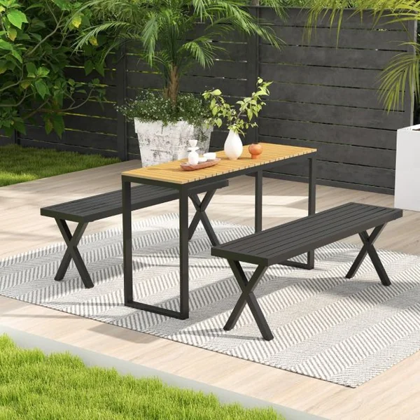 Banc en Métal pour Patio Banc 2 Places avec Siège à Lattes et Pieds en X Banquette Extérieure Sans Dossier de 138 cm Charge Maximale 360 kg