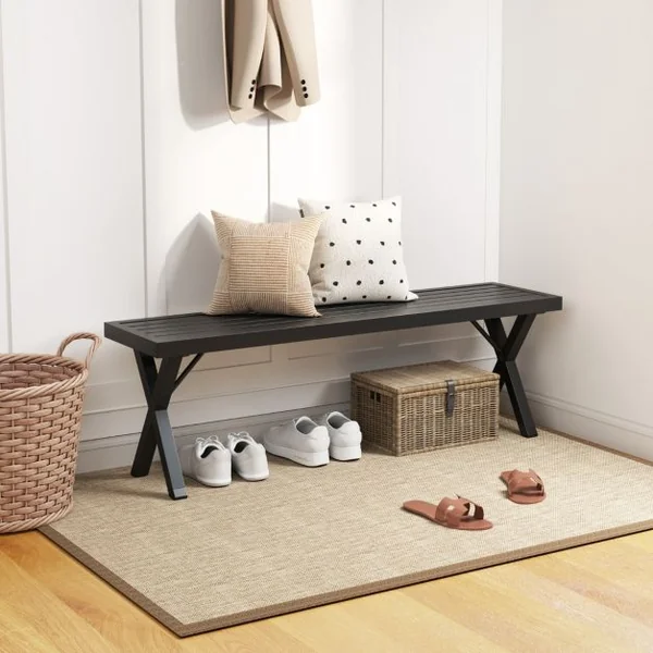 Banc en Métal pour Patio Banc 2 Places avec Siège à Lattes et Pieds en X Banquette Extérieure Sans Dossier de 138 cm Charge Maximale 360 kg