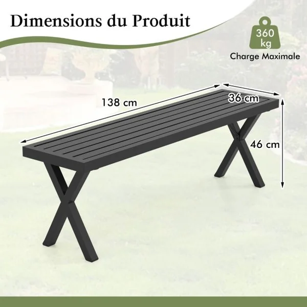 Banc en Métal pour Patio Banc 2 Places avec Siège à Lattes et Pieds en X Banquette Extérieure Sans Dossier de 138 cm Charge Maximale 360 kg