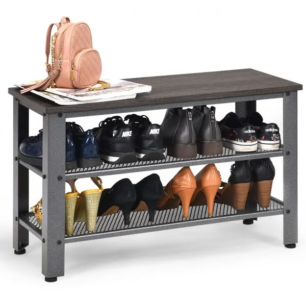 Banc et Étagère pour 8 Paires de Chaussures de Style Industriel 4 Pieds Réglables en Bois et Métal 73x30x45cm Gris