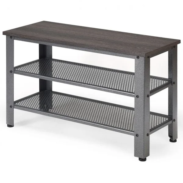 Banc et Étagère pour 8 Paires de Chaussures de Style Industriel 4 Pieds Réglables en Bois et Métal 73x30x45cm Gris