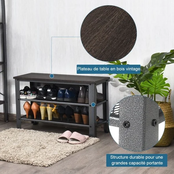Banc et Étagère pour 8 Paires de Chaussures de Style Industriel 4 Pieds Réglables en Bois et Métal 73x30x45cm Gris