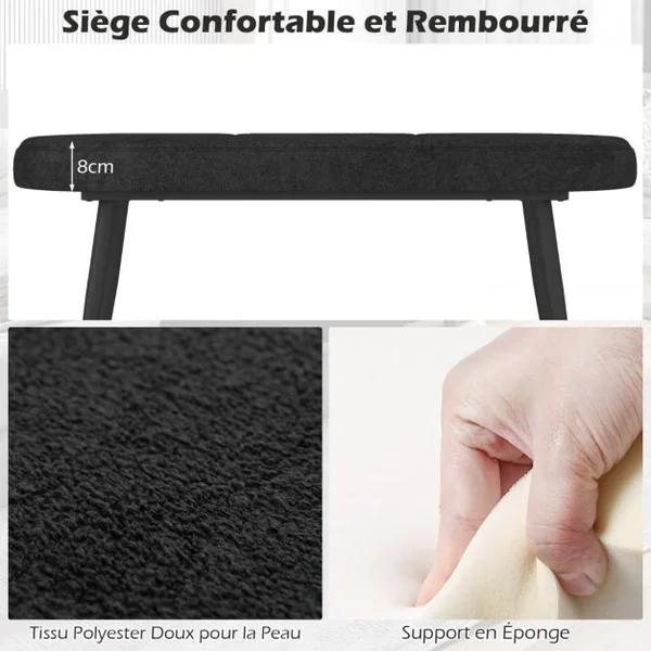 Banc Ottoman de 113cm Banc Rembourré de Fin de Lit avec Coussin en Mousse Pieds Métalliques Capacité de Charge de 300kg Noir/Gris