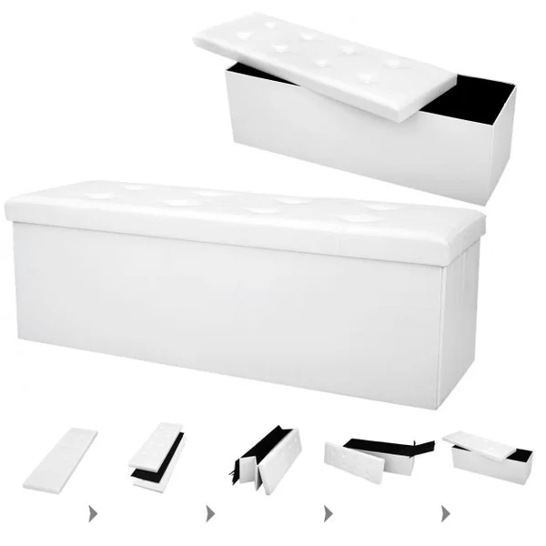 Banc Pliable avec Espace de Rangement Facile à Nettoyer en Cuir de Haute Qualité Capacité 300 kg, 114x38x38cm, Blanc