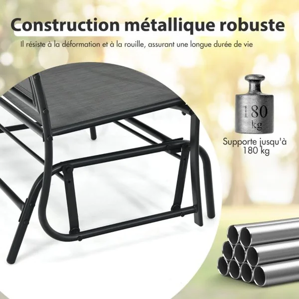 Banc à Bascule de Jardin 2 Places Charge 180kg Chaise/Fauteuil à Bascule d'Extérieur avec Coussinets Antidérapants Gris