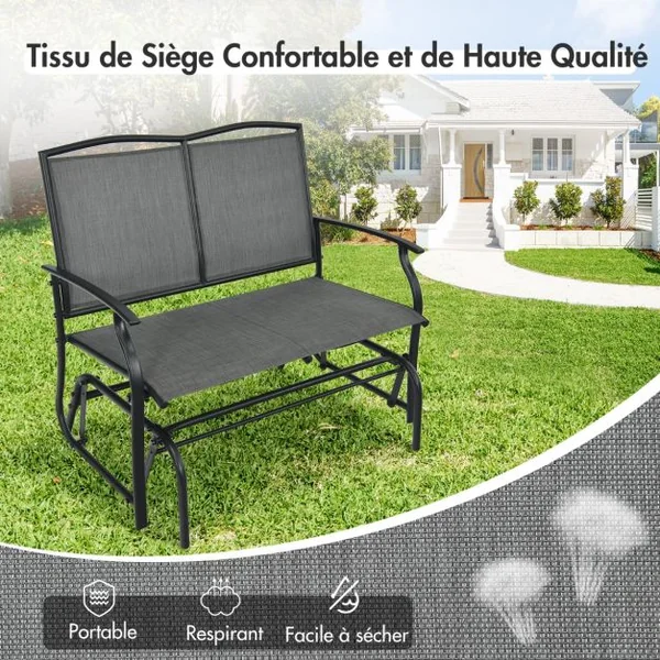 Banc à Bascule de Jardin 2 Places Charge 180kg Chaise/Fauteuil à Bascule d'Extérieur avec Coussinets Antidérapants Gris